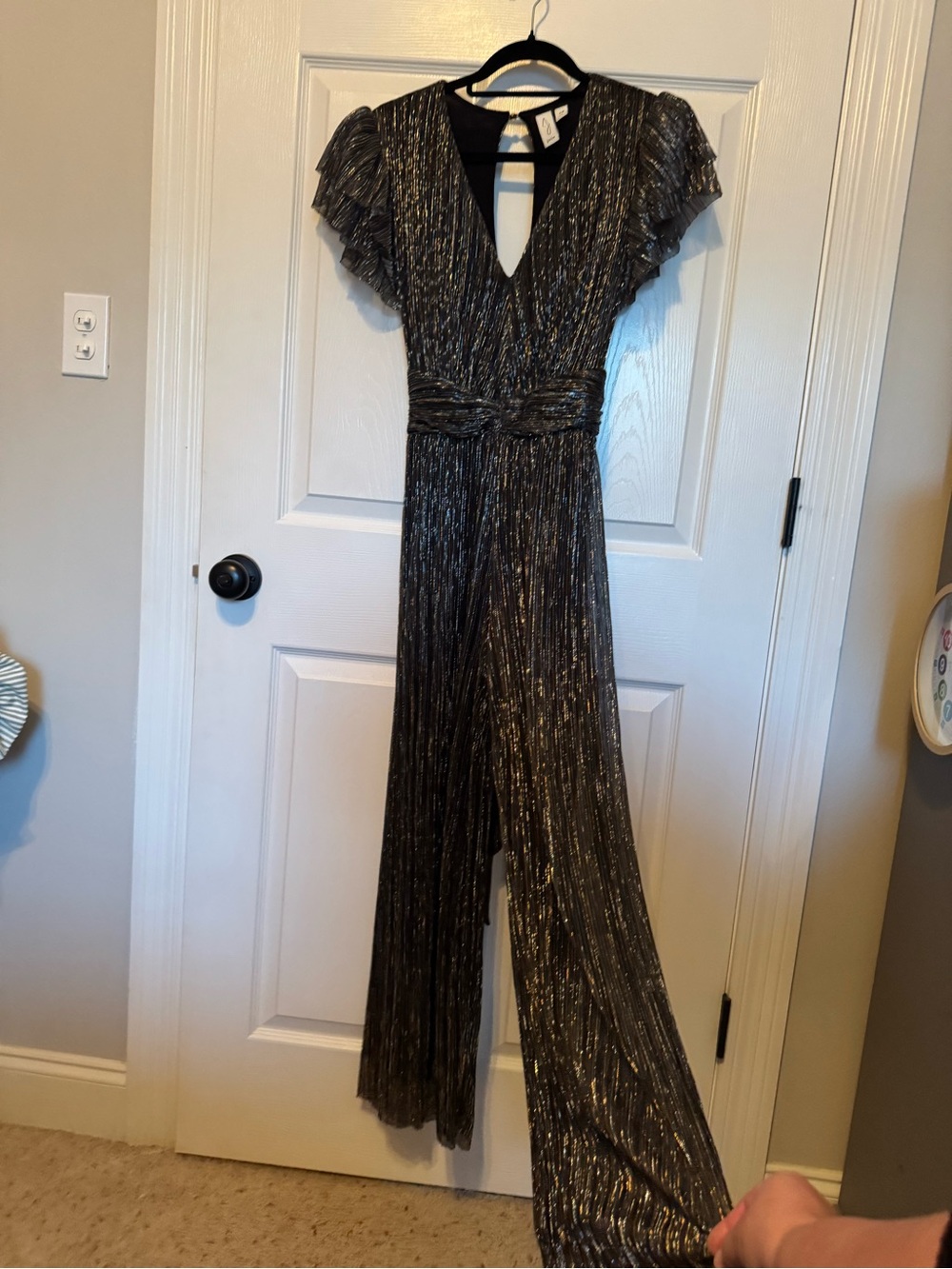 Joie Black Metallic Pleated V-Neck Jumpsuit